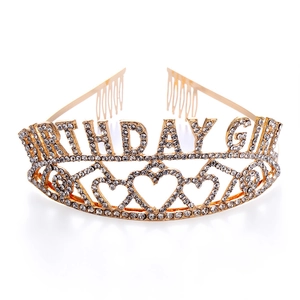 Golden Birthday Girl rhinestone crown headband with sparkling heart details on white background