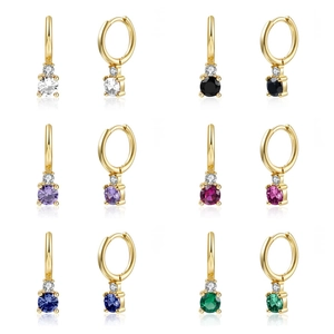Round Zircon Dangle Hoop Earrings With 925 Sterling Silver Earring Post Copper Gold Plated Geometric Jewelry For Women