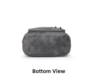 Bottom view of vintage dark gray PU leather backpack showing fine pebble grain texture