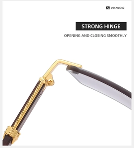 Detailed close-up of a reinforced gold metal hinge on wood grain square sunglasses