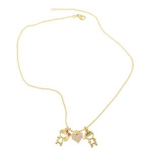 Gold beaded necklace featuring girl boy pendants and a sparkling zircon heart charm