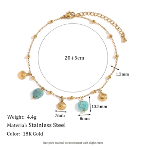 18K gold plated stainless steel anklet with shell pendant and blue stone charms
