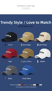 Detail showing eight colors of distressed golf caps with becoming SWORDSMAN embroidery
