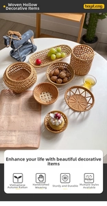 Handwoven Vietnamese rattan tray and snack basket detail with natural textured finish