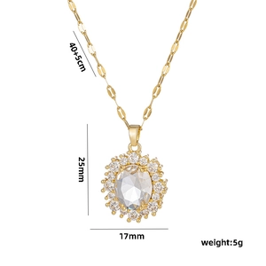 Elegant gold oval crystal zircon pendant necklace with 40+5cm chain and 25mm size details