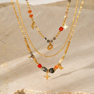 Bohemian gold plated stainless steel layered necklace with colorful natural stone beads