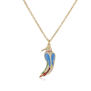 Golden necklace with hummingbird pendant featuring blue enamel and sparkling crystals