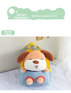 Vista frontale di uno zainetto impermeabile blu e giallo con design a cane di peluche 3D