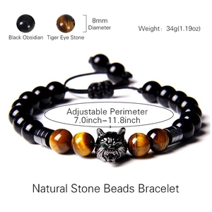 Adjustable tiger eye and black obsidian beaded bracelet with wolf head for men