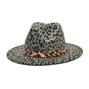 Gray leopard print wool fedora hat with a stylish wide brim and gold buckle band