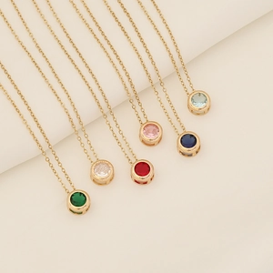 Round Zircon Pendant Necklace Stainless Steel Copper Colorful Gemstone Bezel Set Minimalist Clavicle Chain Jewelry For Women