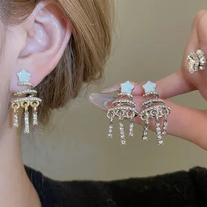 Christmas Tree Spiral Tassel Earrings Alloy Rhinestone With Silver Earring Post Star Dangle Elegant Festive Jewelry Women