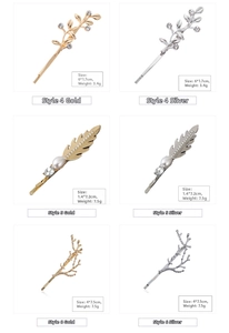 Detailed size and weight specs for gold and silver leaf-shaped hair clips with pearls