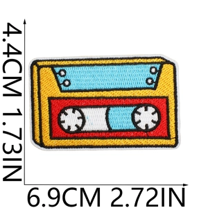 Detailed retro cassette tape embroidery patch showing 6.9cm width and 4.4cm height dimensions