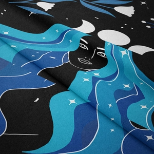 Detailed macro view of soft flannel fabric texture with blue hair goddess art print