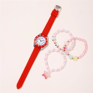 Close-up of pink quartz watch with colorful numbers and matching beaded heart bracelets