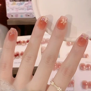 Press On Nails Cat Eye Effect Purple Flower Butterfly Design Gold Glitter Coral Pink Gradient Sweet Style For Women