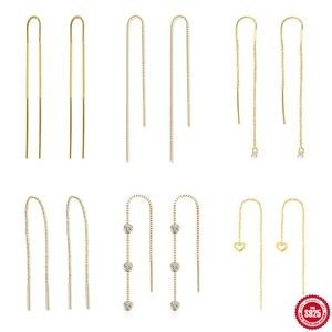 925 Sterling Silver Long Tassel Ear Thread Earrings For Women Zirconia Heart Geometric Chain Drop Earrings Jewelry