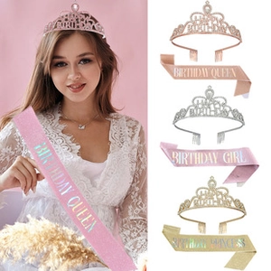 Detail view of crystal rhinestone tiara sets with birthday queen satin sashes in rose gold