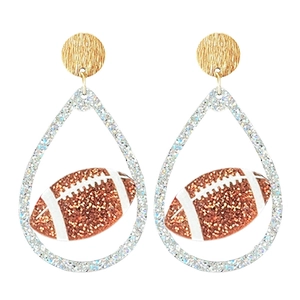 Detail of sequined football teardrop earrings with silver glitter frame and gold studs