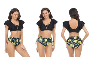Three-angle view of bikini with ruffle sleeves and floral high-waisted shorts