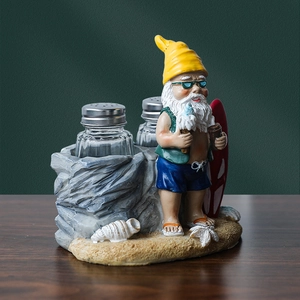Creative beach gnome salt and pepper shaker holder with shells on beach sand base