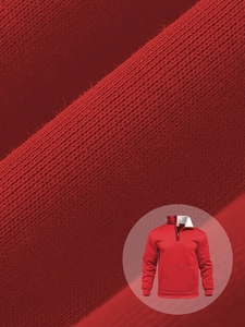 Detail of red waffle knit texture on long sleeve hoodie with half-zip collar design