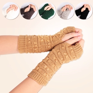 Women Knitted Fingerless Gloves Cable Knit Arm Warmers Acrylic Thick Warm Solid Color Winter Mittens Thumb Hole