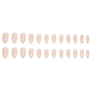 Short almond pink glitter press-on nails set with 24 pieces in various sizes