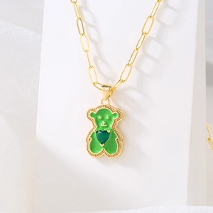 18K gold plated paperclip chain necklace featuring a green enamel bear pendant with zircon