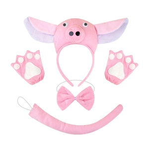 Pink plush pig costume set including ear headband, bow tie, snout, paws and curly tail