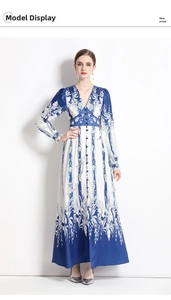 Detailed view of the V-neck and single-breasted buttons on a blue and white floral dress