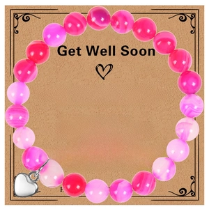 Detail of pink agate bead bracelet with silver heart pendant on Get Well Soon gift card