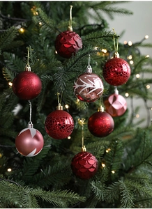 Close-up of decorative Christmas balls with fish scale and matte patterns on tree