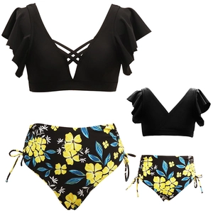 Matching mother daughter two-piece swimsuit with floral high waisted bottoms and ruffled tops