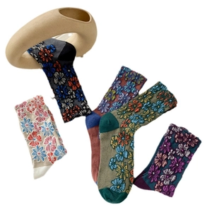 Five-pack vintage floral cotton crew socks for women in multiple colorful embossed patterns