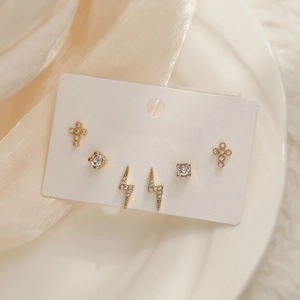 18K gold plated copper earring set with zircon cross, square, and lightning studs