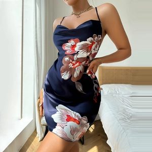 Blumendruck Satin Nachthemd Rückenfrei Wasserfallausschnitt Sexy Chemise Ärmellos Schlafanzug Damen Sommer Elegant Homewear