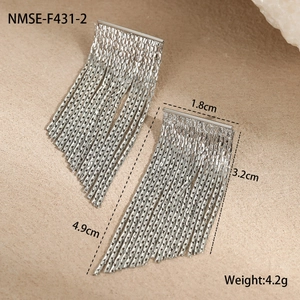 Detailed view of polished silver tassel chain earrings with dimensions and weight specs