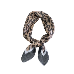 Leopard print cotton linen small square scarf with grey and white geometric patchwork style