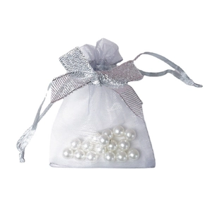 Semi-transparent grey organza drawstring gift bag for jewelry with silk ribbon closure