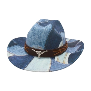 Retro patchwork denim western cowboy hat with silver bull head leather band ornament