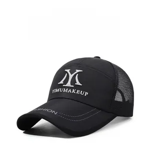 Detail of black sports baseball cap showing breathable mesh back and white YM embroidery