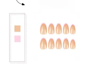 Detailed set of 10 long almond press-on nails in pink French tip design on white background