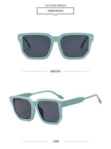 Detail of mint green square sunglasses featuring silver metal accents on the hinge