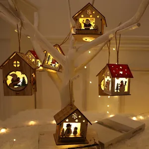 Illuminated Nordic wooden Christmas house ornaments with LED lights and rustic hemp ropes