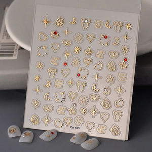 Autocollants ongles 3D dorés avec étoiles, lune et strass, modèle Co-186