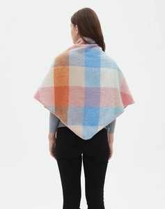 Close-up back view of a soft knit plaid triangle shawl with colorful checkered patterns