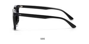 Side view of sleek black square sunglasses featuring silver metal studs on temples