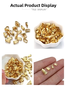 Golden stainless steel pinch bails for jewelry DIY shown in bulk and size reference